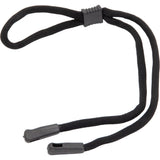 Madison Eyewear black lanyard for securing sports and outdoor eyewear, shown attached to glasses.