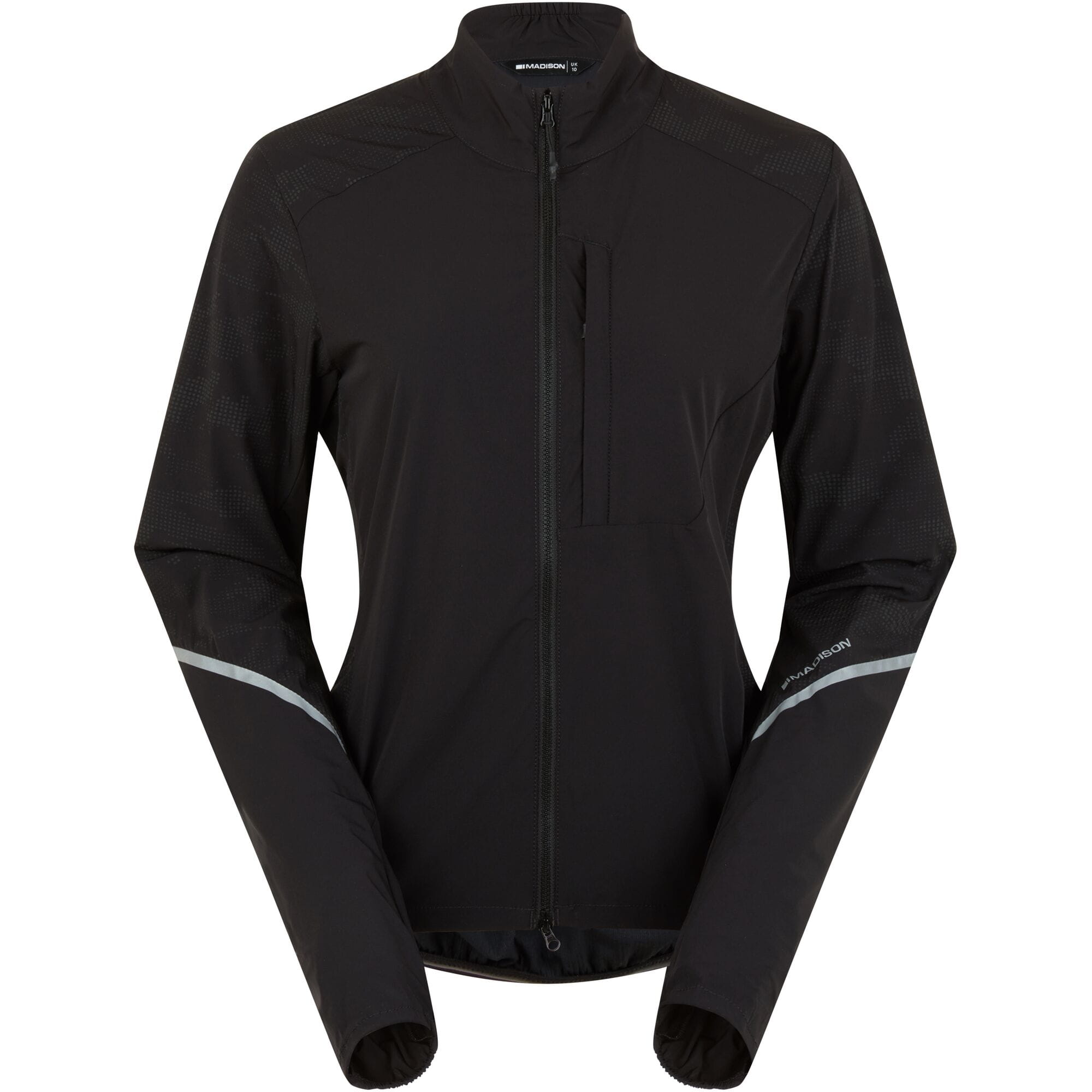 Madison Freewheel Stellar Tech women's windproof packable cycling jacket hanging on a rack, lightweight outdoor clothing for women.
