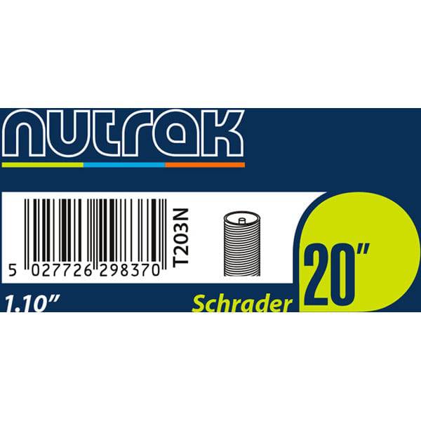 Nutrak 20 x 1.1 inch Schrader valve inner tube for bike tires, showing the tube with valve stem and packaging.