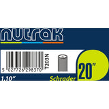 Nutrak 20 x 1.1 inch Schrader valve inner tube for bike tires, showing the tube with valve stem and packaging.