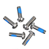 Stainless steel Halo disc rotor bolts, pre-threadlocked bike brake components, shown in a close-up image.