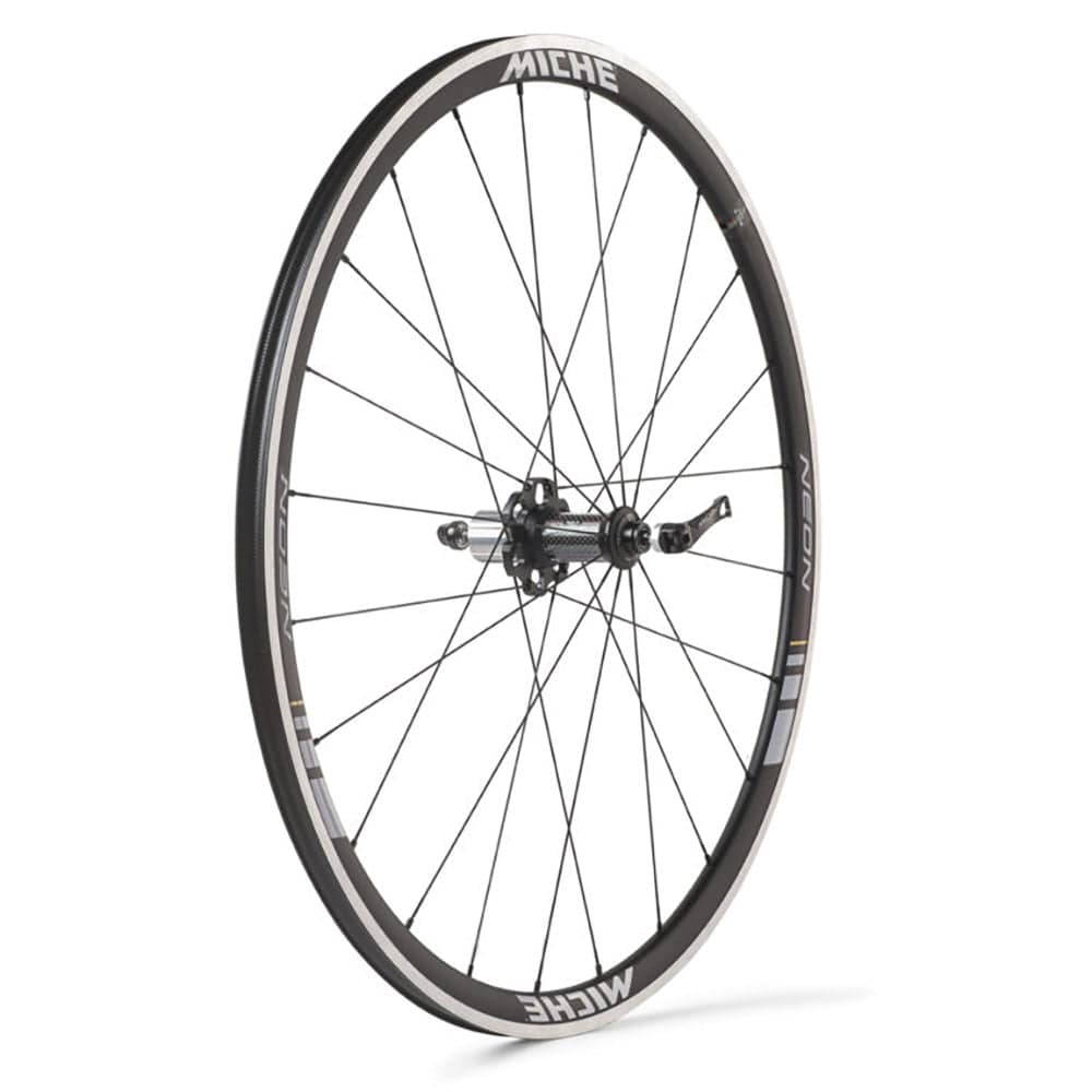 Miche Neon Black Road Wheel with tubeless-ready design, compatible with 9-12 speed drivetrains, showcasing the sleek rim and spokes.