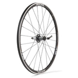 Miche Neon Black Road Wheel with tubeless-ready design, compatible with 9-12 speed drivetrains, showcasing the sleek rim and spokes.