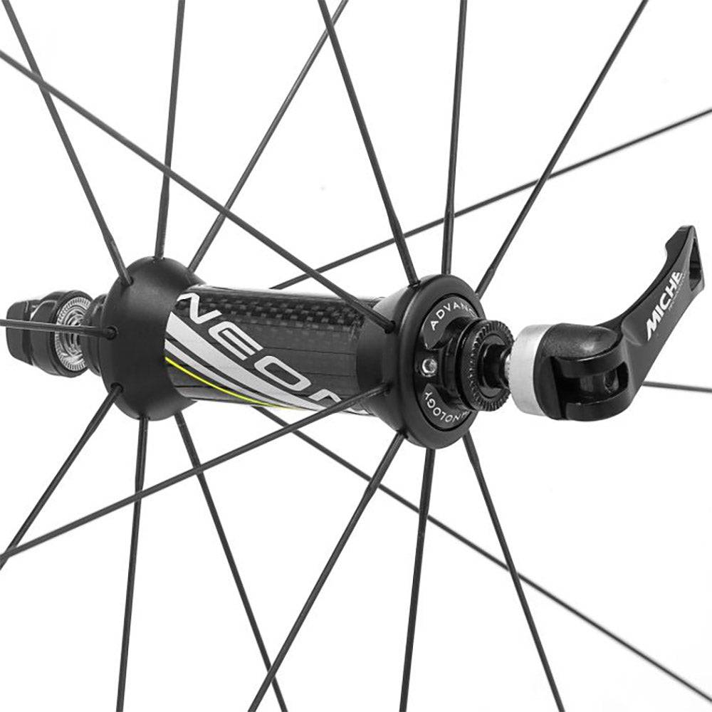 Miche Neon Black Road Wheels tubeless-ready bicycle components with 9-12 speed compatibility, featuring sleek black design.