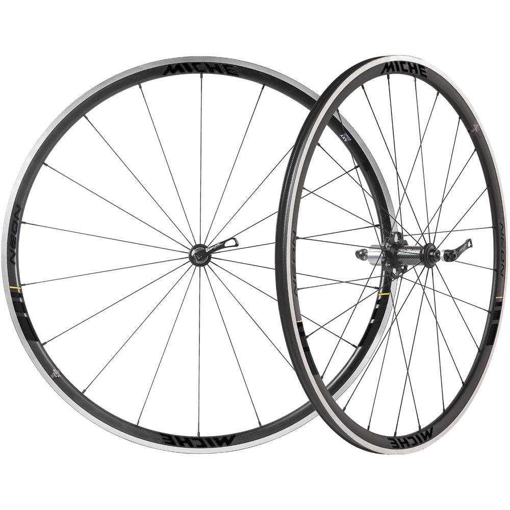 Miche Neon Black on Black Road Wheels featuring tubeless ready design and aerodynamic profile for high-performance cycling.