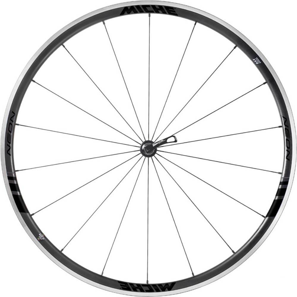 Miche Neon Black on Black Road Wheels showing aerodynamic tubeless-ready design and sleek component features.