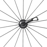 Miche Neon Black on Black Road Wheels with tubeless ready design and aerodynamic components, shown in close-up.