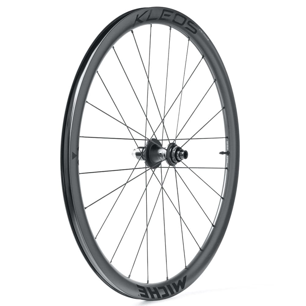 Miche Kleos RD 36mm tubeless road wheel with aerodynamic design and ceramic bearings, showcasing the sleek wheel profile.