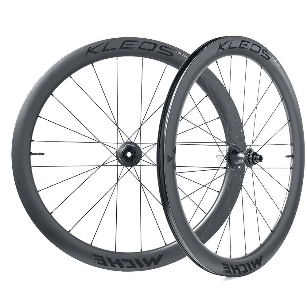 Miche Kleos RD 50mm tubeless road wheel with ceramic bearings and aerodynamic design, featuring a sleek black finish.