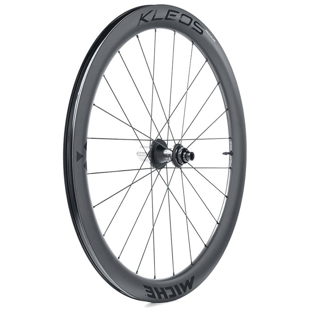 Miche Kleos RD 50mm tubeless road wheel with ceramic bearings and aerodynamic design, showcasing sleek rim and tire setup.