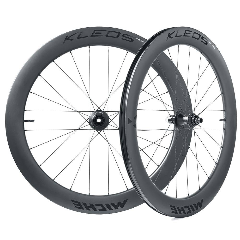 Miche Kleos RD 62mm tubeless road wheel with Aero design and CeramicSpeed bearings, showcasing lightweight cycling components.