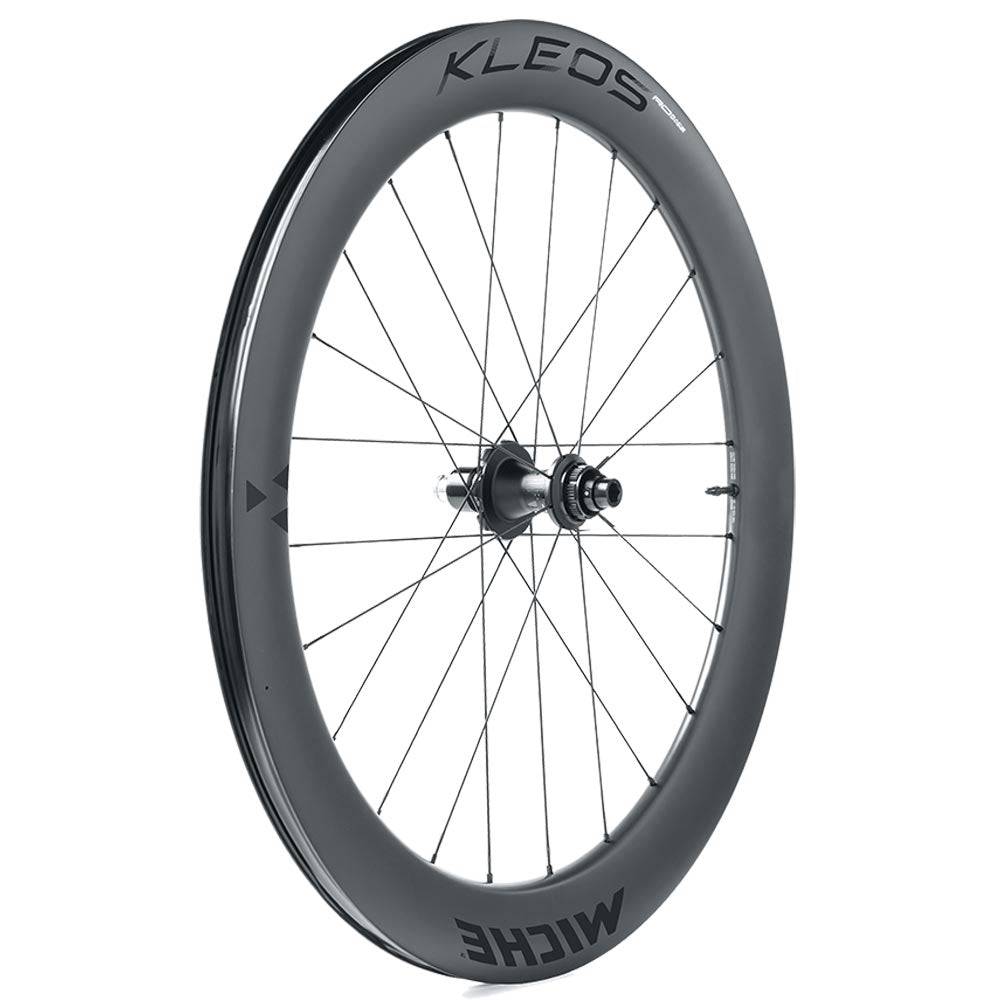 Miche Kleos RD 62mm tubeless road wheels with ceramic bearings and aerodynamic design, showcasing lightweight cycling components.