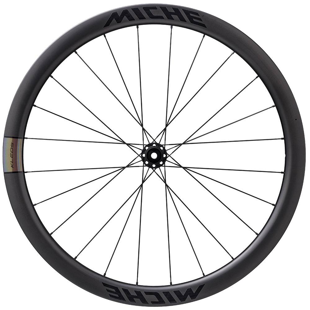 Miche Kleos 42 tubeless road disc brake wheel displaying sleek black rim and disc brake rotor for high-performance cycling.