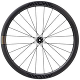 Miche Kleos 42 tubeless road disc brake wheel displaying sleek black rim and disc brake rotor for high-performance cycling.