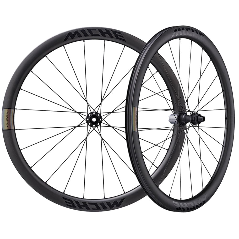 Miche Kleos 42 tubeless road disc brake wheel for high-performance cycling, showcasing lightweight alloy rim and disc brake hub.