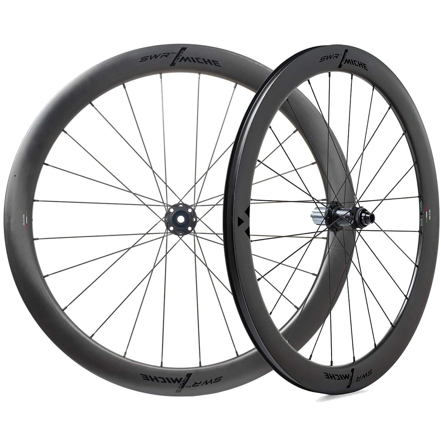 Miche SWR Evo 50 tubeless road disc brake wheels with carbon rims and AL 7075 hubs, showing sleek cycling component design
