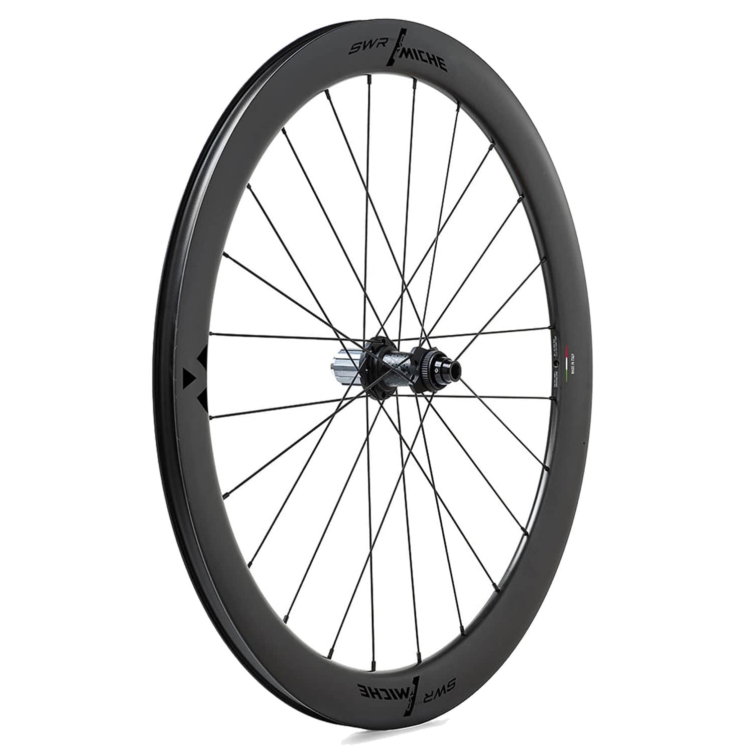 Miche SWR Evo 50 tubeless road disc brake wheels with carbon rims and aluminum 7075 hubs, showcasing the sleek wheel design.