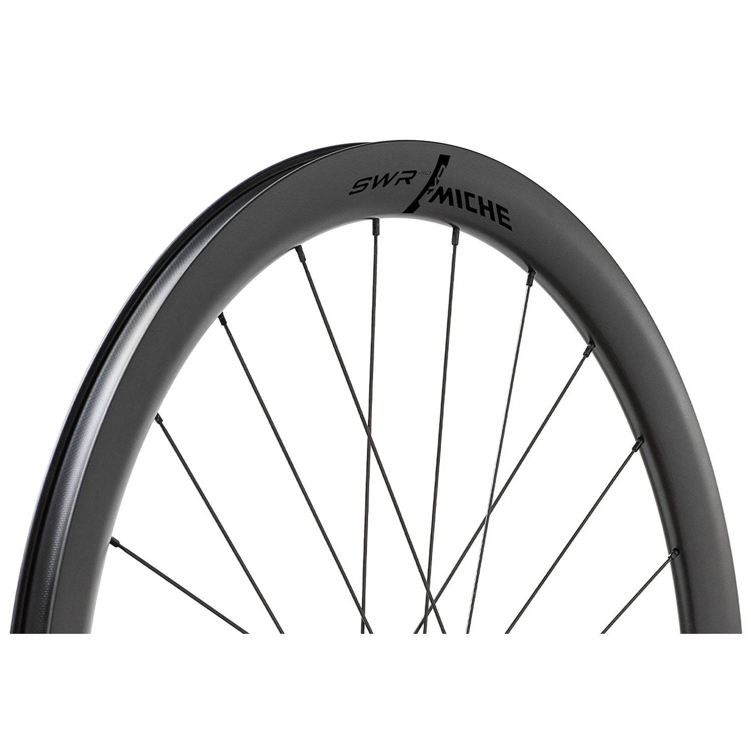 Miche SWR Evo 50 tubeless road disc brake wheels with carbon rims and AL 7075 hubs, showcasing aerodynamic design and high-performance components.
