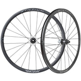 Miche Syntium Aero road wheelset with asymmetric 29mm tubeless-ready wheels, showcasing lightweight carbon rims and high-performance components.