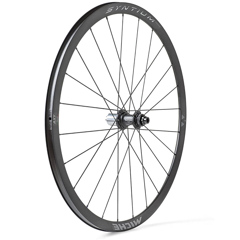 Miche Syntium Aero Road Wheels, asymmetric 29mm tubeless-ready wheelset, close-up of black carbon rims with spokes.