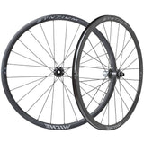 Miche Syntium Aero Road Wheelset with asymmetric 29mm tubeless-ready wheels, black carbon components for high-performance cycling.