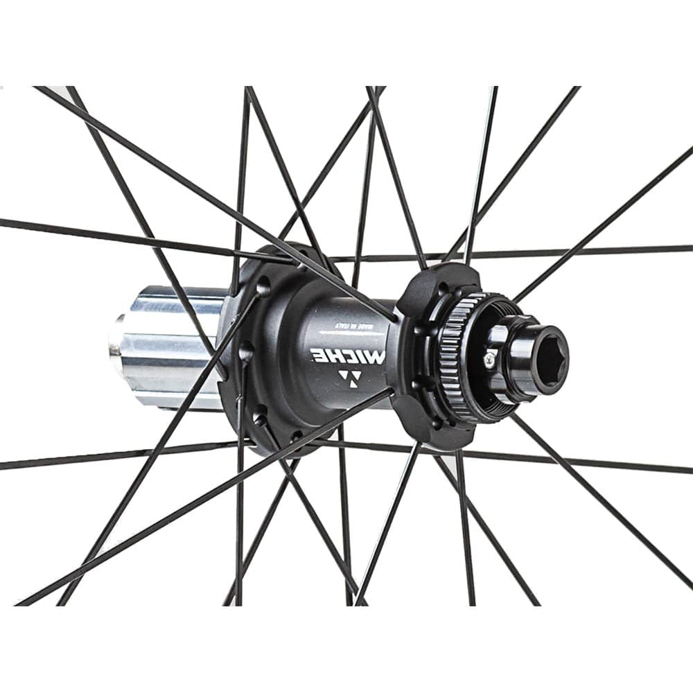 Miche Syntium Aero Road Wheels, asymmetric 29mm tubeless-ready wheelset, black carbon rims with spokes and hub components.