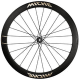 Miche Graff Aero 48 Disc Gravel Wheels with tubeless-ready 35-60mm tires, black carbon components for gravel biking.
