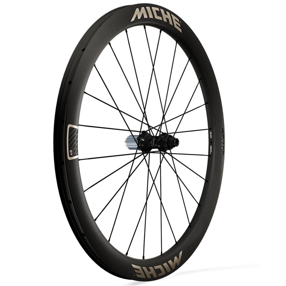 Miche Graff Aero 48 Disc gravel wheelset with tubeless-ready 35-60mm tires, showcasing lightweight alloy construction and disc compatibility.