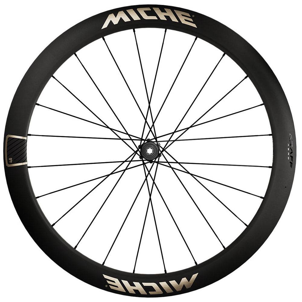 Miche Graff Aero 48 Disc Gravel Wheels with tubeless-ready 35-60mm tires, black alloy rims, and disc brake compatibility.