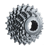 Miche Primato 9-speed Campagnolo cassette with 13-28T gears, black metal components for smooth bike shifting.