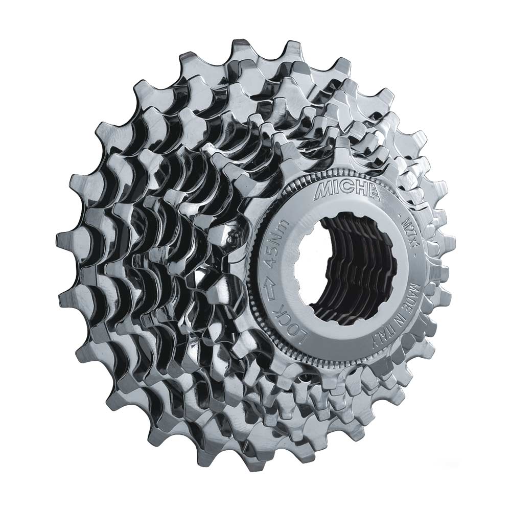 Miche Primato 9x Shimano compatible bike cassette with 9-speed gear cogs, shown with metal sprockets and black body.