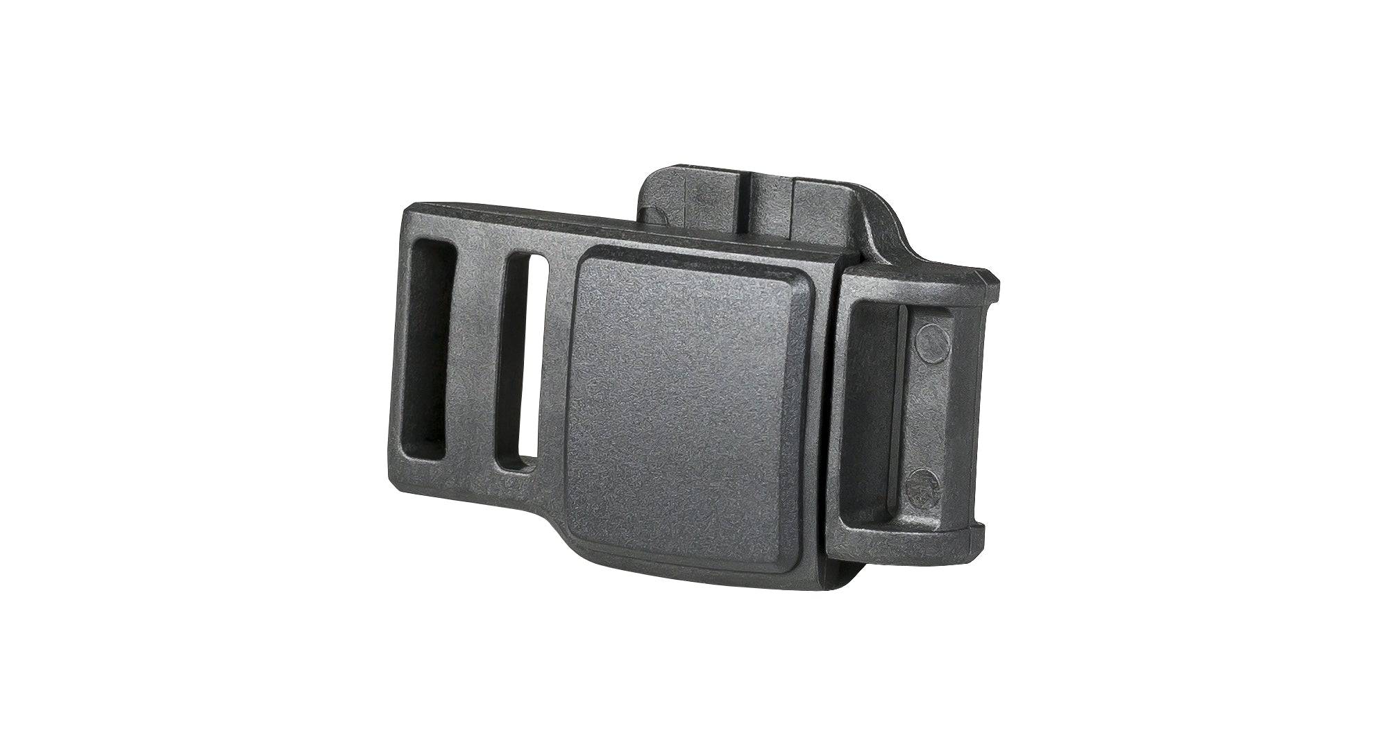 Bontrager Fidlock SNAP helmet buckle spare for secure fastening, shown attached to helmet strap in close-up image