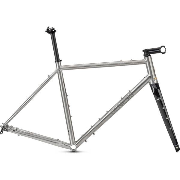 Genesis Croix De Fer Titanium gravel frameset with carbon fork and disc brake mounts for versatile riding.