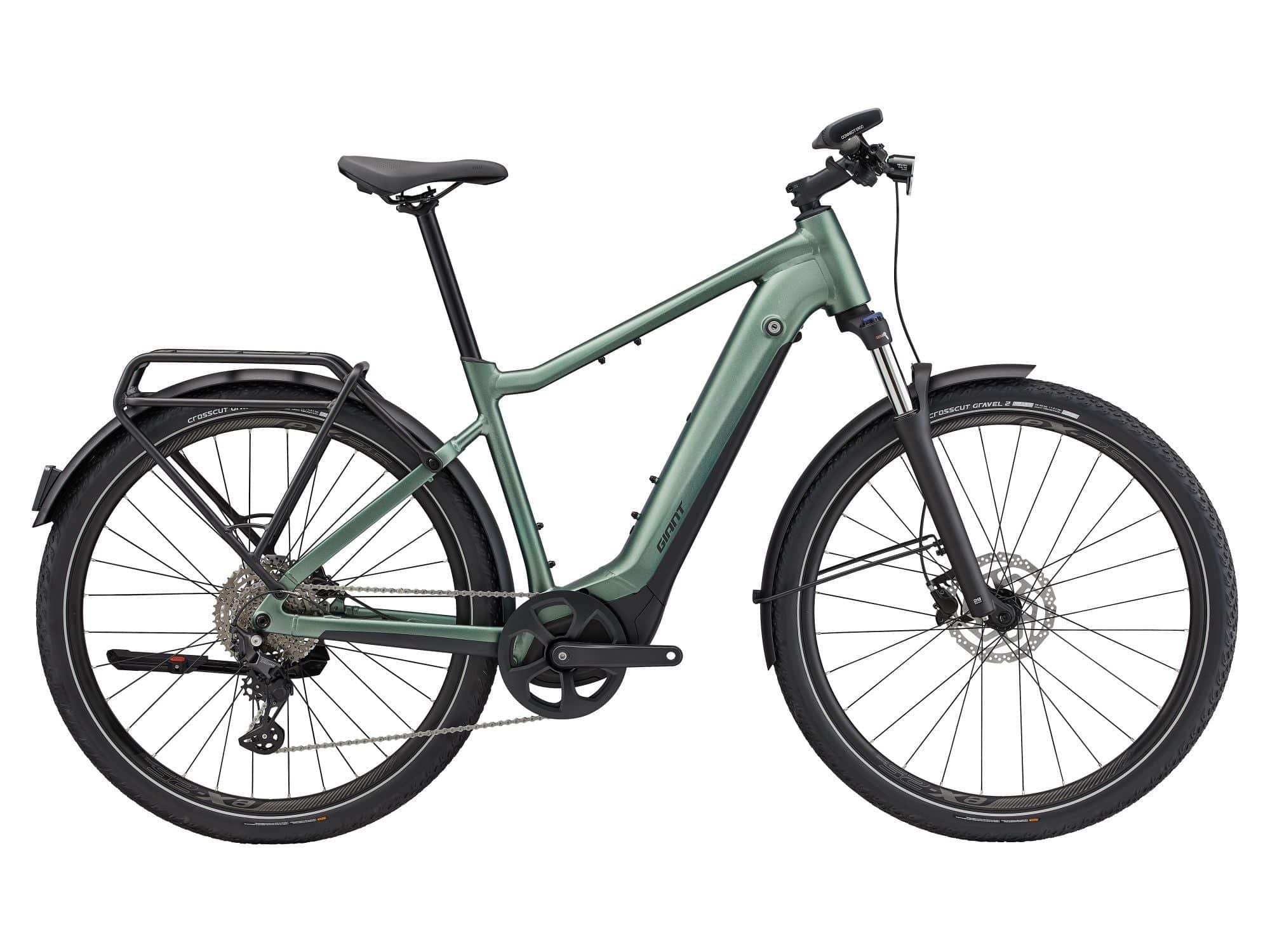 Giant Explore E+ 1 GTS electric hybrid bike with Shimano Deore Linkglide drivetrain and disc brakes, shown from side view.