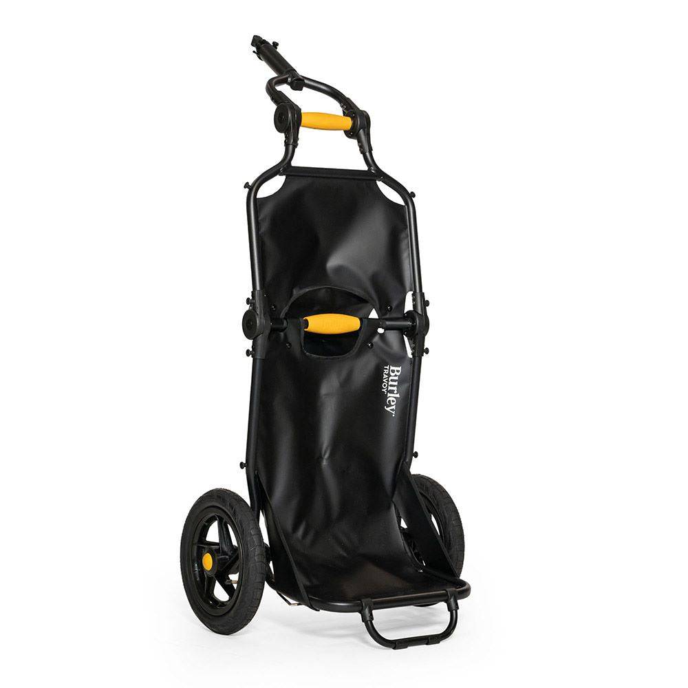 Burley Travoy cargo bike trailer in folded position, portable and folding bicycle accessory for carrying loads.