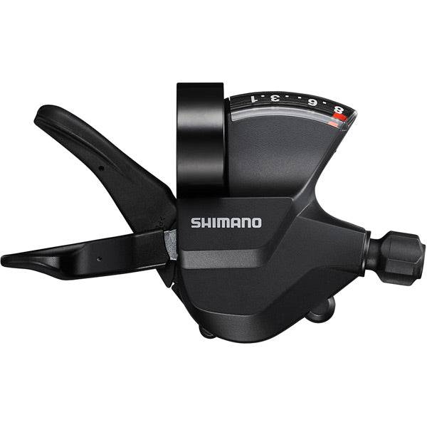 Shimano SL-M315-8R 8-speed right hand mountain bike shift lever with band clamp, shown mounted on handlebar.