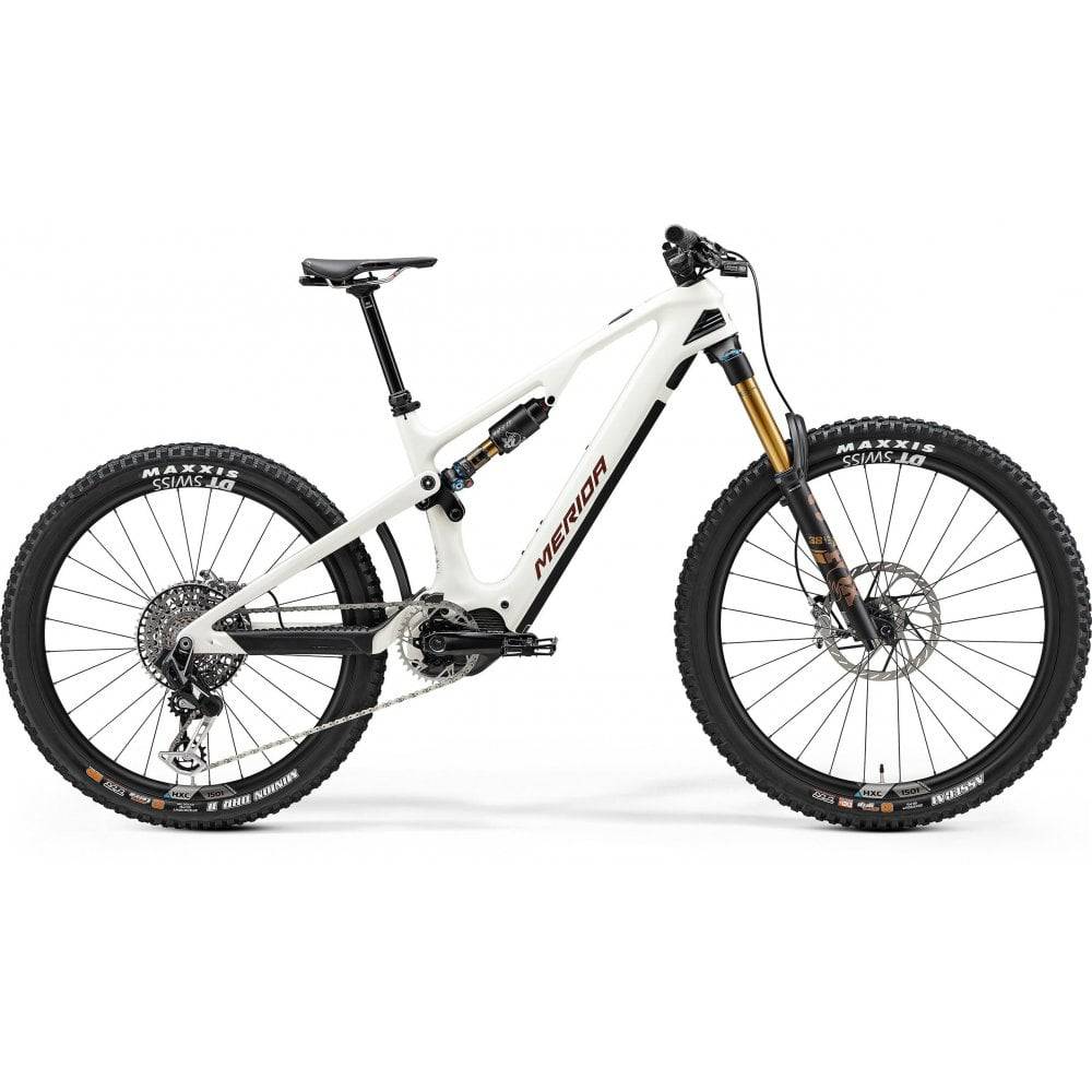 Merida eOne-Sixty 10K full suspension electric mountain bike with 600Wh battery, black frame and off-road tires.