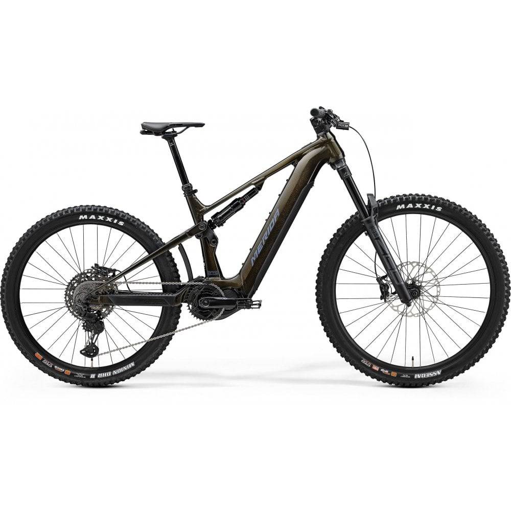Merida eOne-Sixty 875 e-Mountain Bike with Shimano EP801 drive and 750Wh removable battery, rugged mountain bike design.