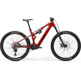 Red Merida eOne-Sixty SL 6000 carbon e-mountain bike with Bosch Performance Line SX motor, designed for off-road riding.