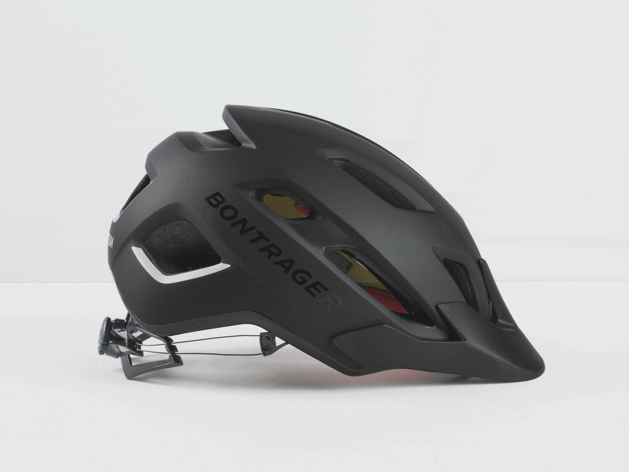 Bontrager Quantum Mips bike helmet with BOA fit system and advanced ventilation, showing the helmet's sleek design and adjustable straps.