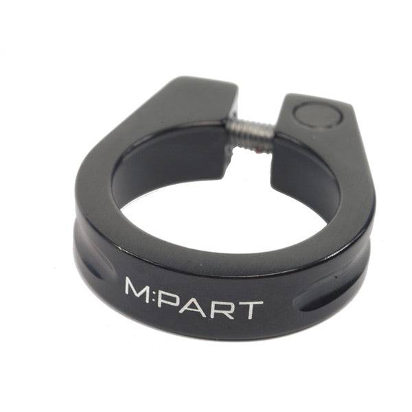 Black anodised M Part Threadsaver seat clamp with 28.6mm size and rotating thread insert, designed for bike components.
