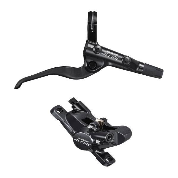 Shimano Alfine BR-S7000 hydraulic disc brake lever and post mount caliper in black, right front bike component.