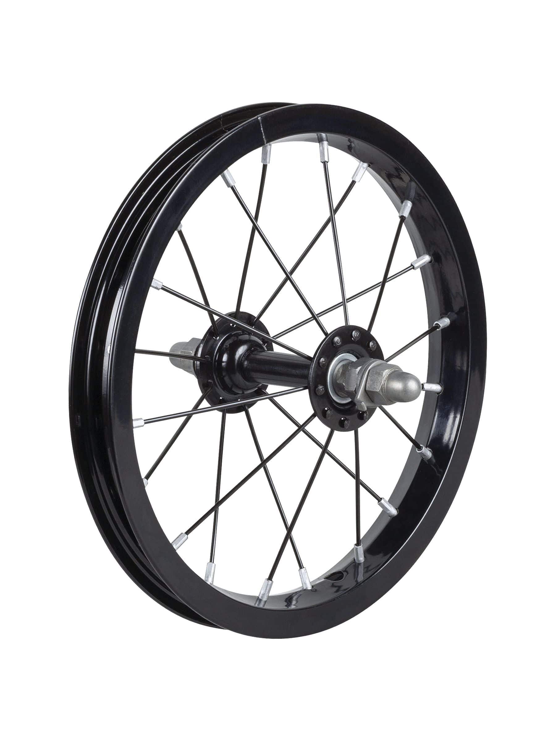 Trek Kickster 12-inch black spoked kids bike wheel, front or rear, without cassette, component for children's bicycles.