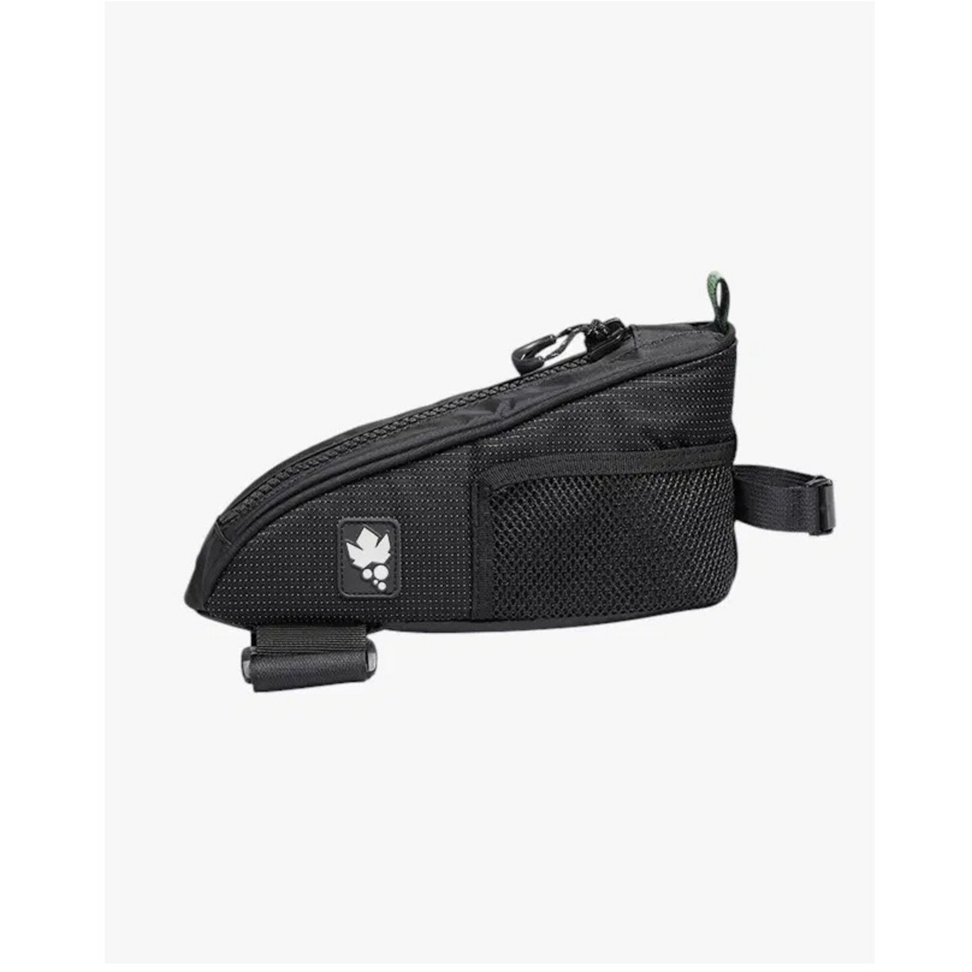 Miss Grape Node Adventure strap-mount top tube bag for cycling storage, shown attached to a bike frame in a biking scene.