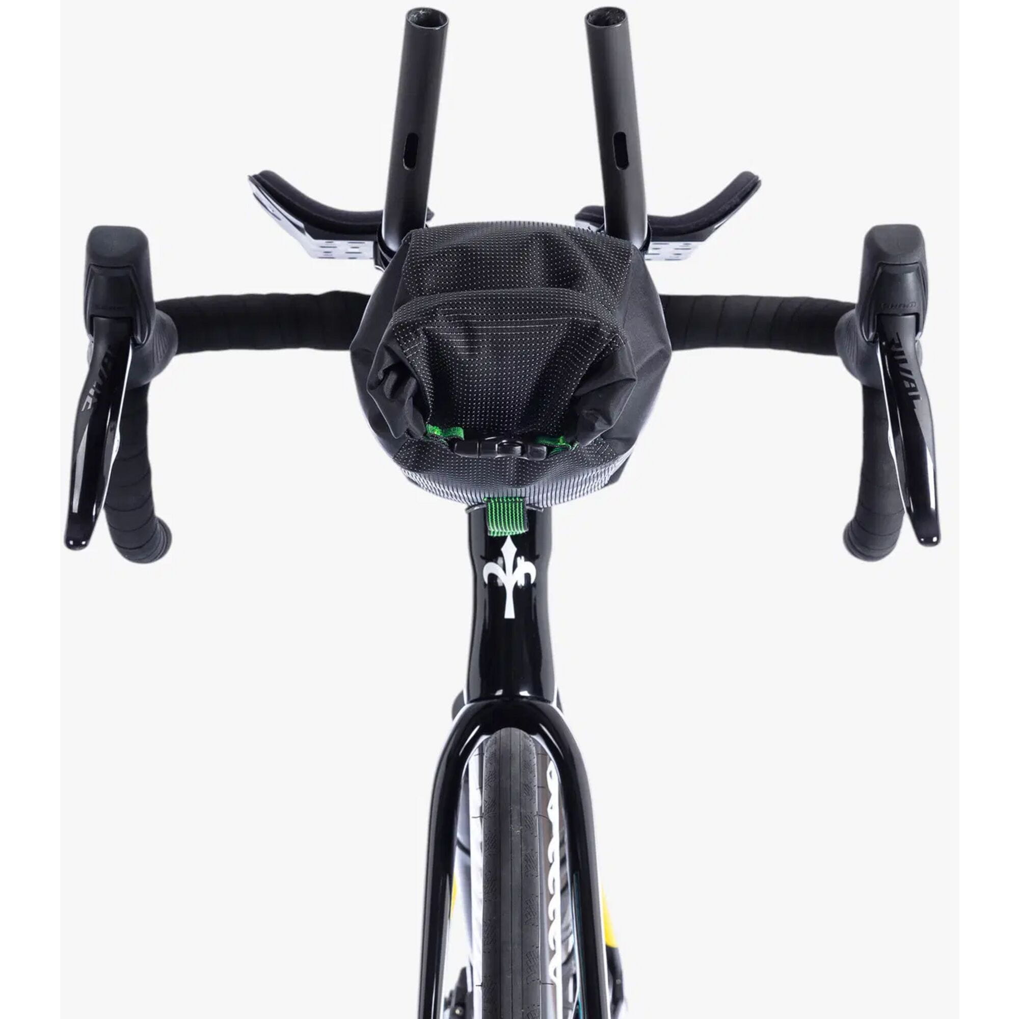 Miss Grape Trunk Aero Bar Mount Waterproof Dry Bag for cycling and bikepacking, shown mounted on bike handlebar.