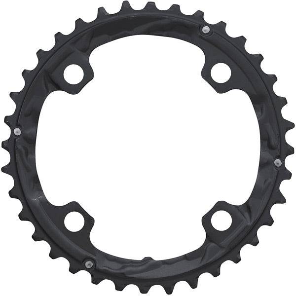 Shimano Deore XT FC-T781 36T black triple chainring for 10-speed mountain bike components, shown in close-up view.