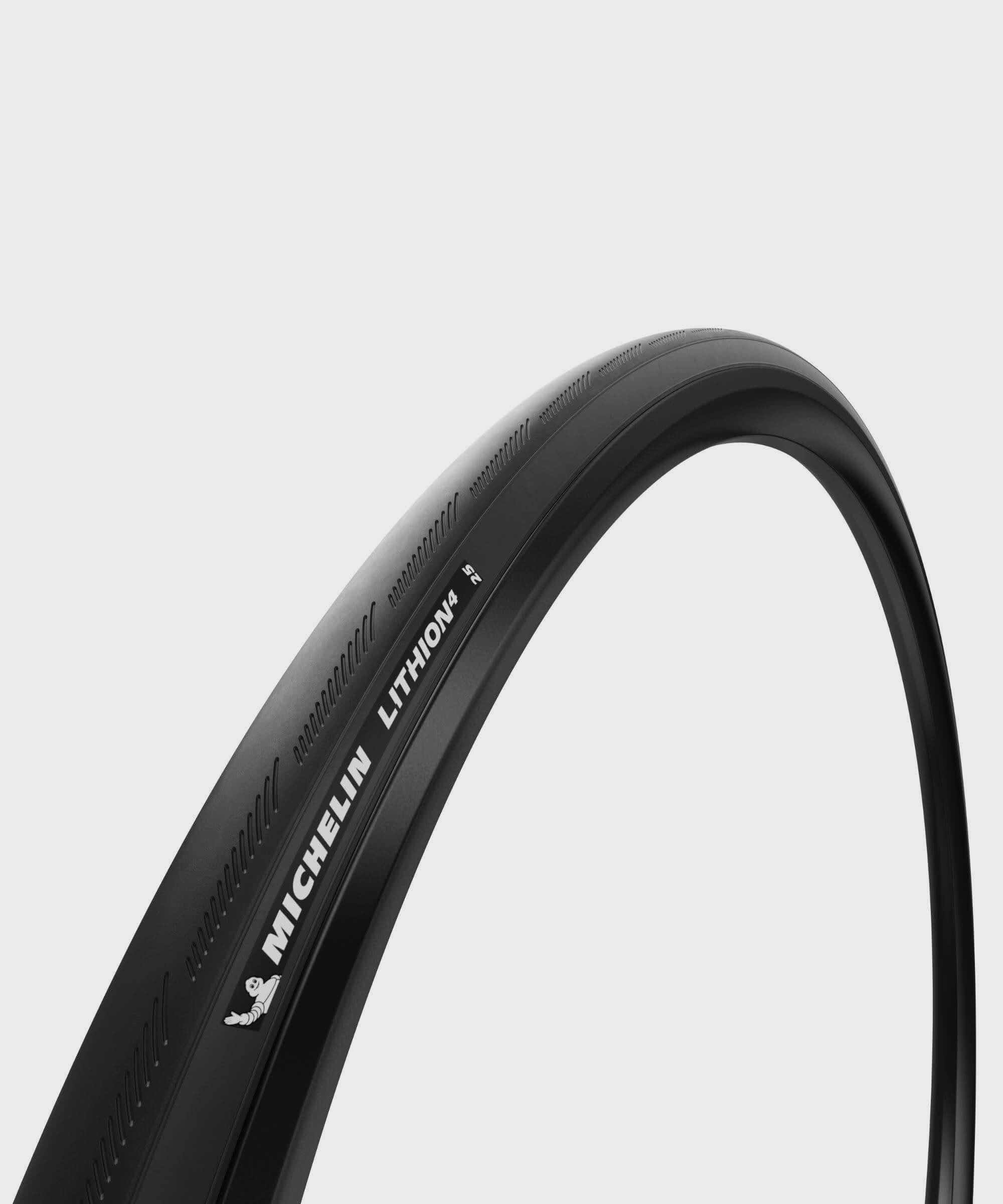Michelin Lithion 4 road bike tyre showing its tread pattern and sidewall design, ideal for durable, high grip, year-round cycling performance.