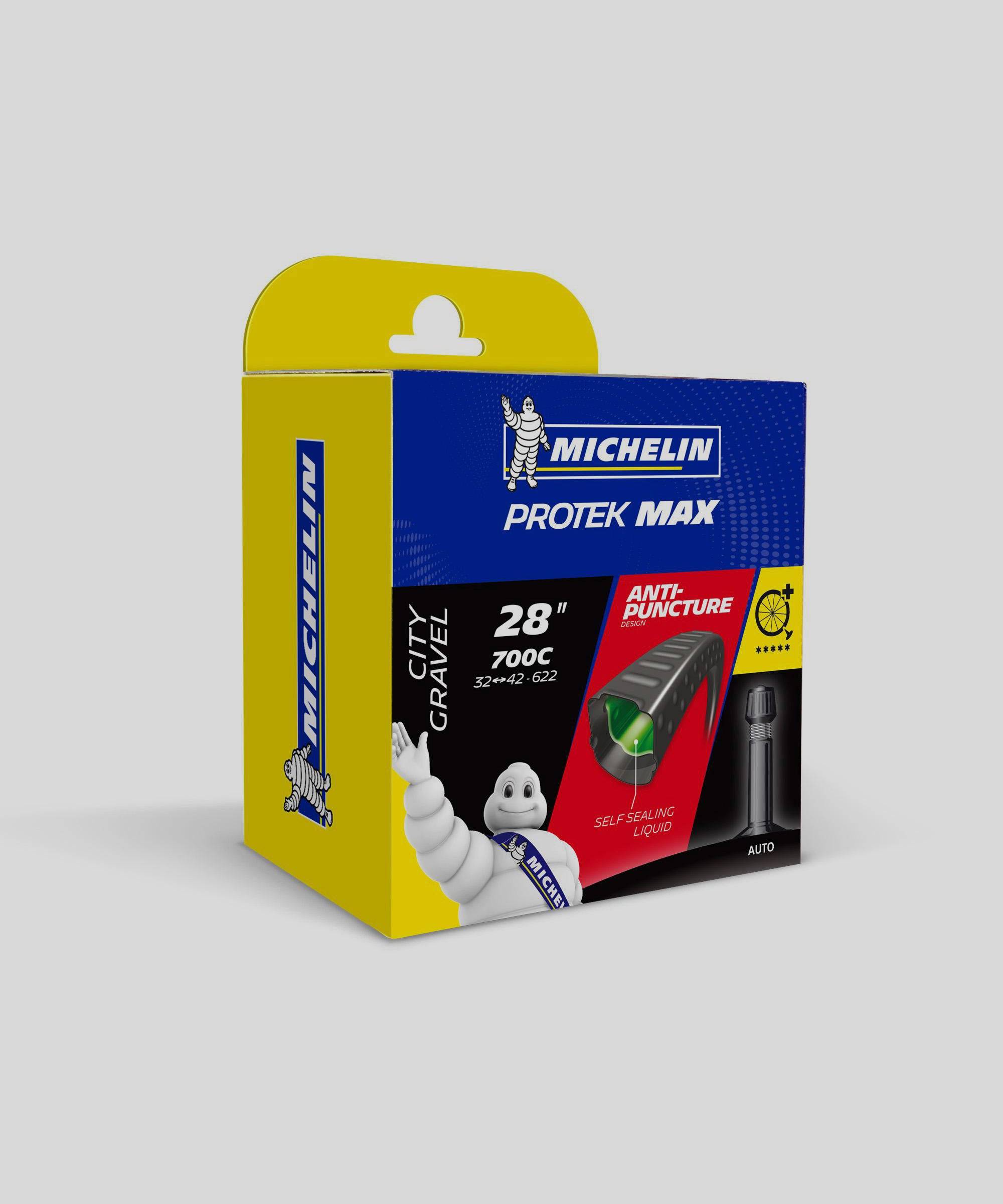 Michelin Protek Max 700c x 32-42mm road inner tube with Presta and Schrader valves, bicycle component for tire inflation.