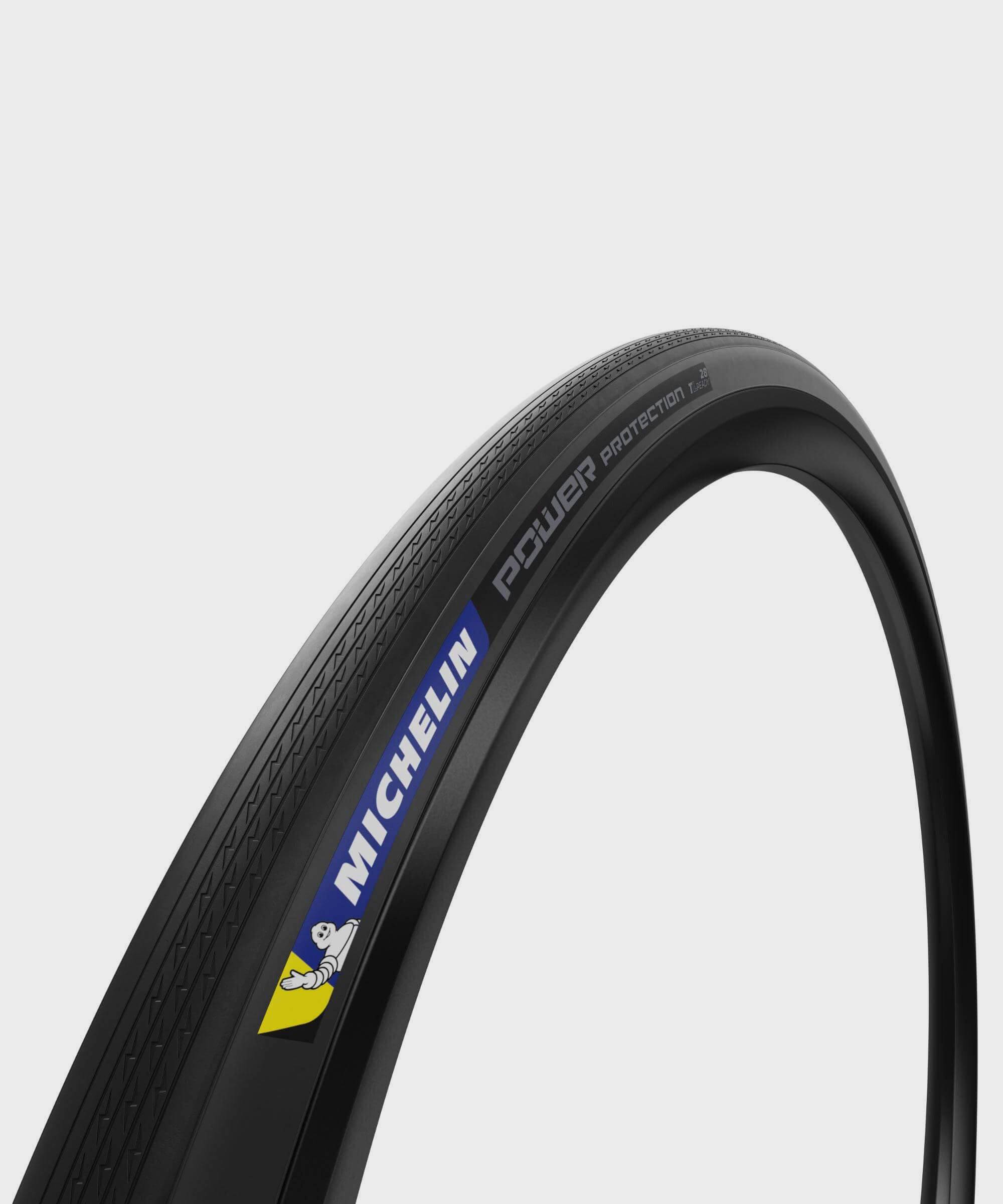 Michelin Power Protection TLR Road Tyre showcasing tread pattern with puncture protection and wet grip technology.