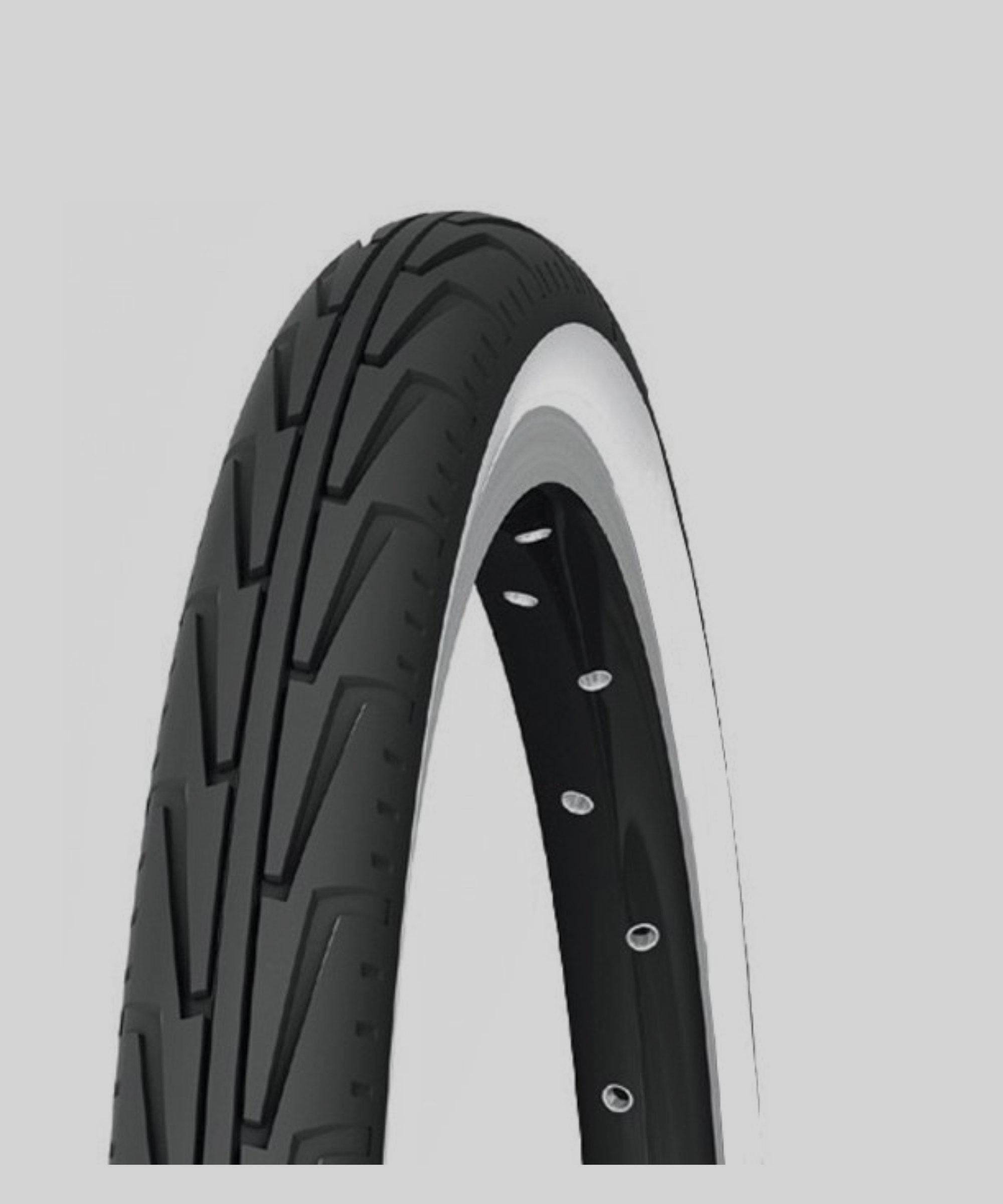 Michelin City'J children's bike tire showing a durable urban bike tire with tread pattern for city riding on a black rubber surface.